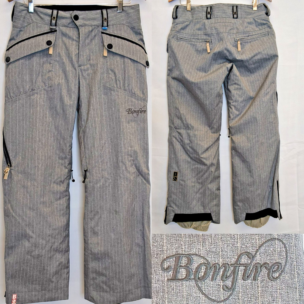 Bonfire Snowboard Pants Women's S Grey Pinstriped Adj. Waist Vented #W5870